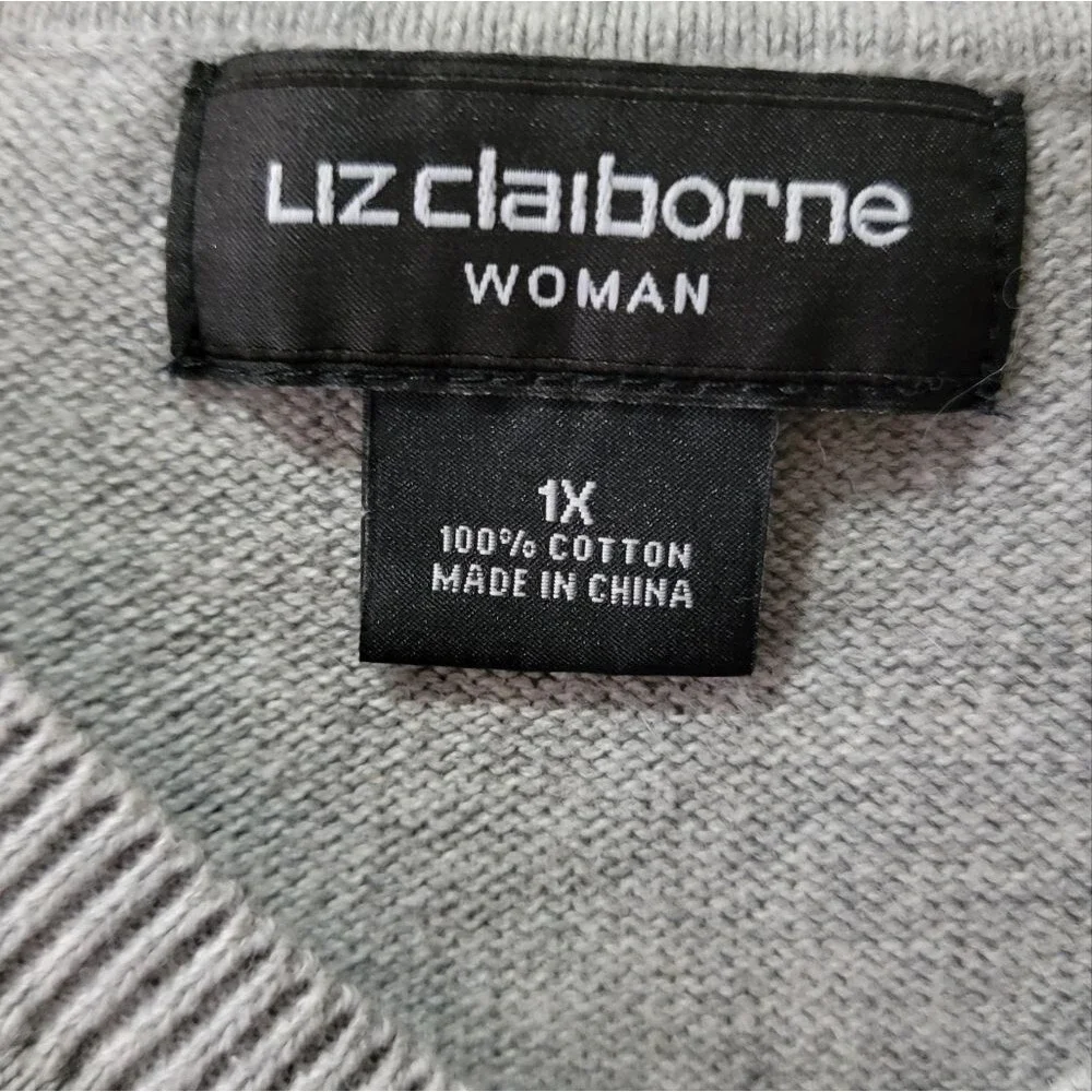 Liz Claiborne gray black V neck pullover  sweater size 1X cotton *
